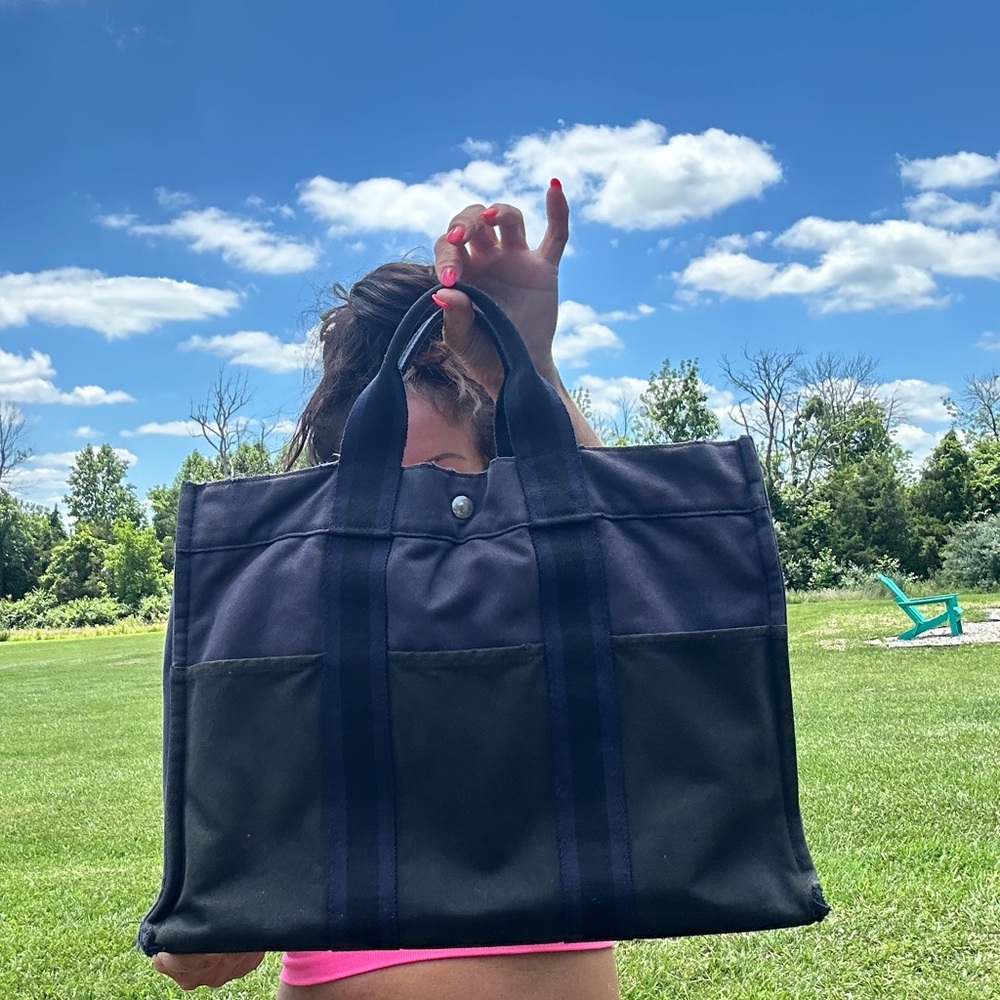Hermes Trout Large Canvas Tote Black & Blue 💎Authentic